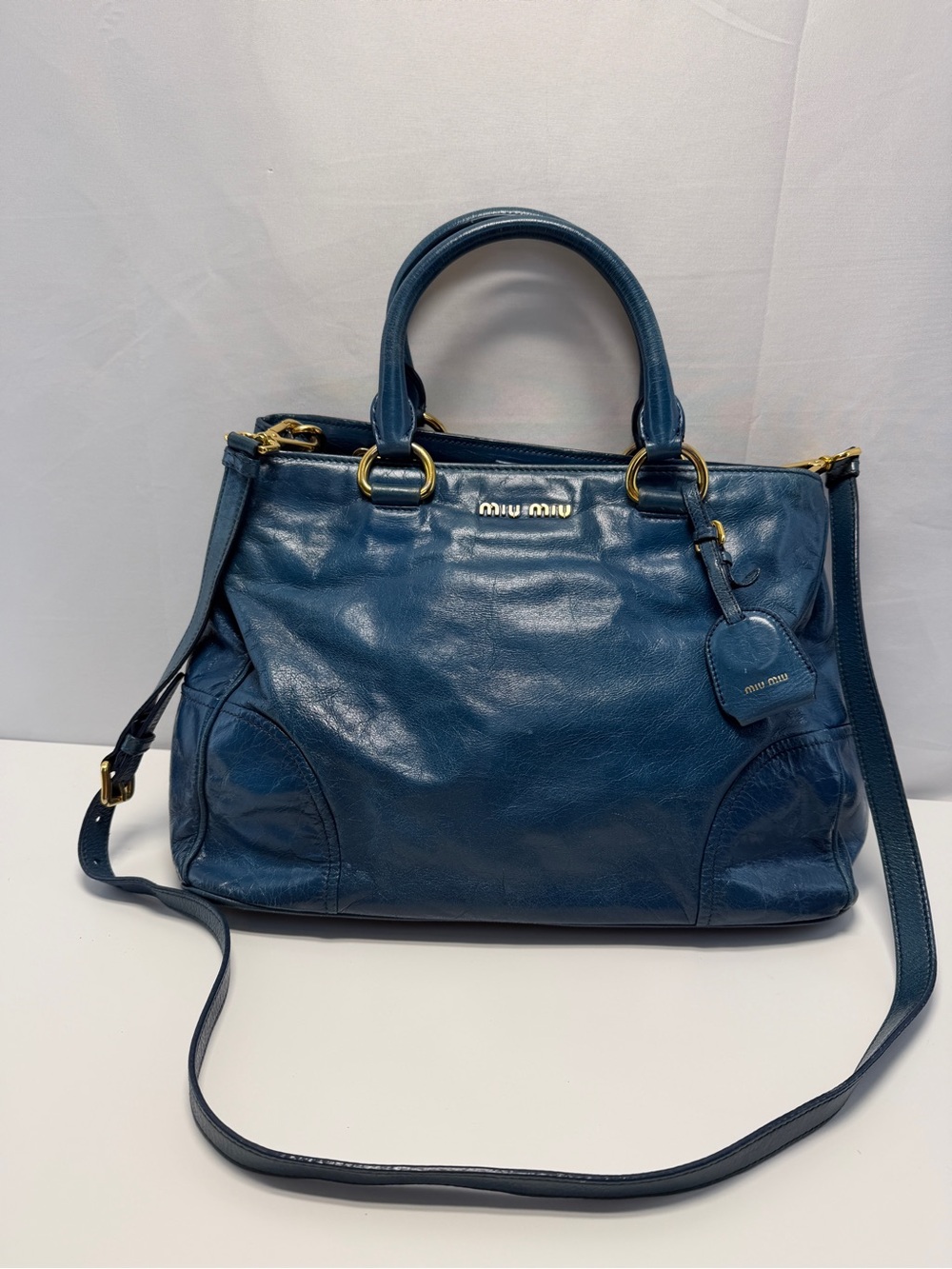 Miu Miu Deep Blue Leather Satchel with Detachable Strap